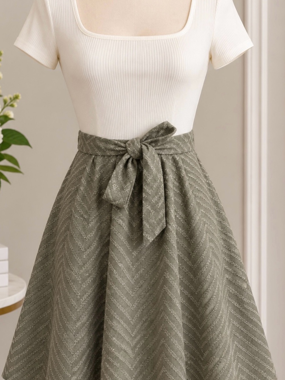 SHEIN Olive Green Chevron A-Line Skirt with Waist Tie